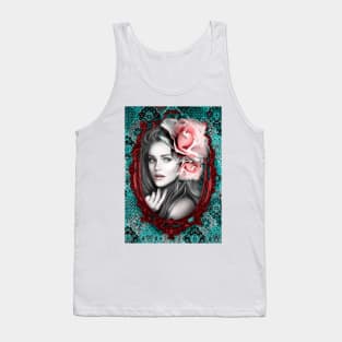 Green and Pinik roses Painting with Beautiful Girl, Vintage Art Digital Artwork Tank Top